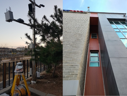 ETRI는 29일 국토안전관리원과 건설현장의 재해 및 안전사고 예방을 위한 통합관제시스템 개발에 나서는 등 국가 SOC 지능화 실현에 힘을 모으기로 했다. 사진은 ETRI가 경기 시흥시 테스트 베드에 설치한 '센서 통합 네트워크 장치'  ETRI 제공